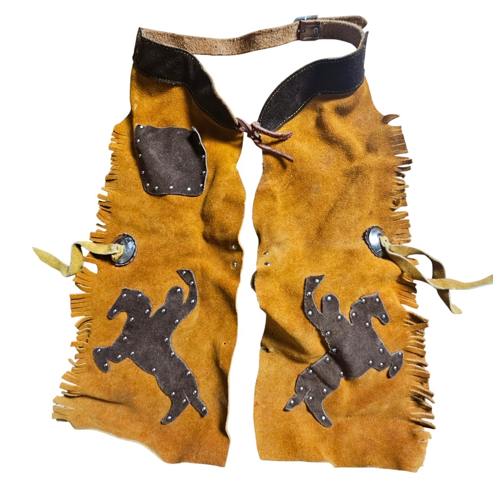 Vintage M&F Western Kids Suede Leather‎ Fringe Chaps S Studded Bronco Cowboy
